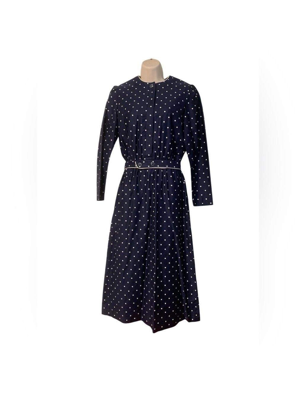 Vntg 80’s Lanz Originals navy blue and white polka dot dress with belt size 6